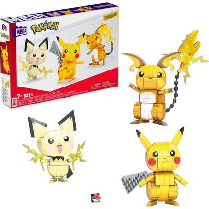MEGA Construye y exhibe a Pokémon Pikachu y su trío evolutivo
