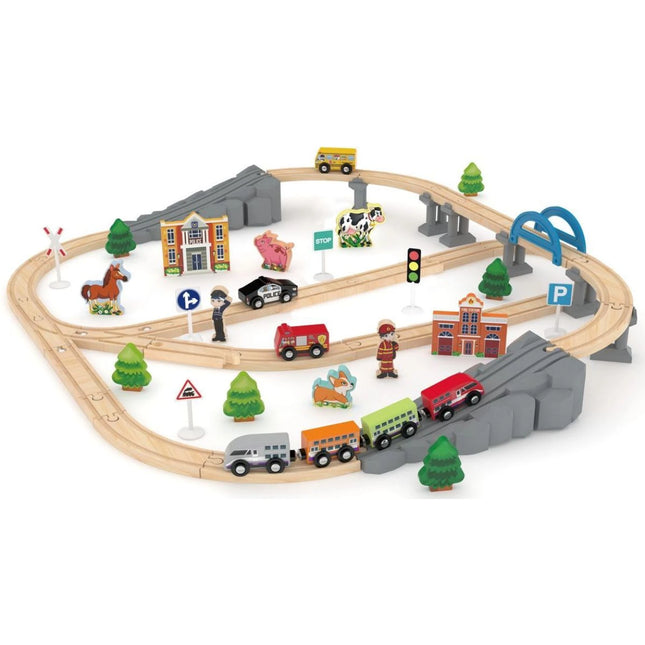 J'ADORE Pista de tren de madera con puente y accesorios