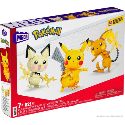 MEGA Construye y exhibe a Pokémon Pikachu y su trío evolutivo