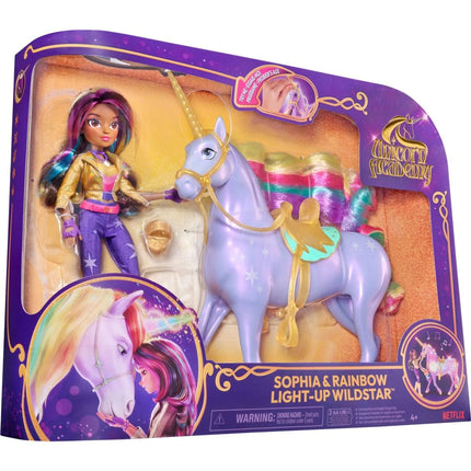 Academia Unicornio Unicornio luminoso Wildstar 28 cm con muñeca Sophia 24 cm