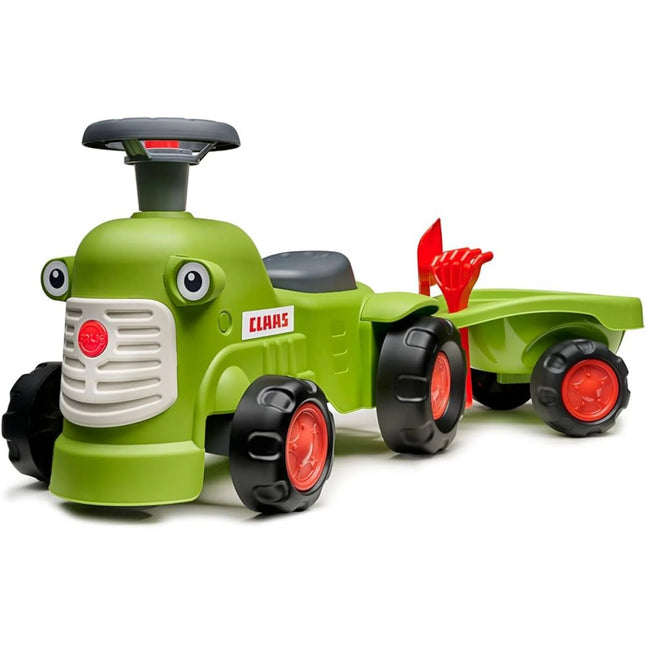 FALK Correpasillos Tractor Claas verde claro con remolque de plataforma