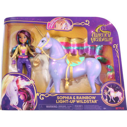 Academia Unicornio Unicornio luminoso Wildstar 28 cm con muñeca Sophia 24 cm